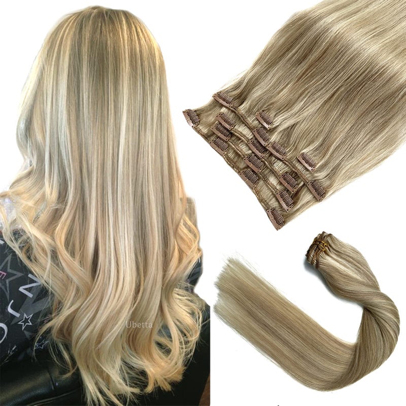 Clip in Hair Extensions Human Hair Clip in Extensions Dirty Blonde Balayage Blonde Highlights Real Hair Extensions Clip in Human Hair15 Inch Double Weft 7 Pcs 70G Remy Clip in Hair Extensions