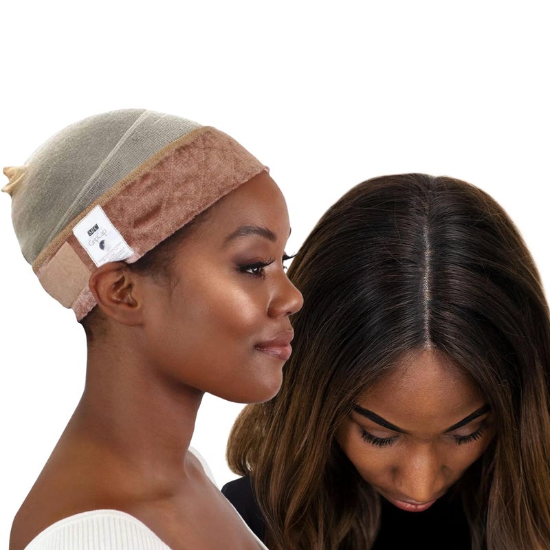 MILANO COLLECTION WiGrip Comfort Band with 9 Pack Nylon Wig Cap Liners Combo, Non-Slip Velvet Wig Band & 9 Elastic Caps, Adjustable, One Size Fits All, Nude - Image 1