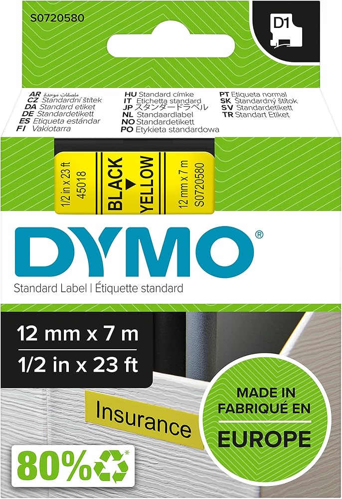 DYMO TAPE 12MMX7M YELLOW D1, Black on Yellow, S0720580 1 Count - Image 1