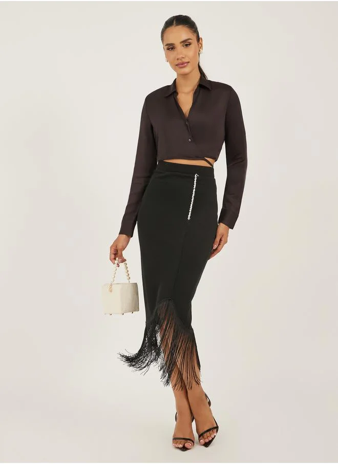 Styli Wrap Midi Skirt with Fringe Hem