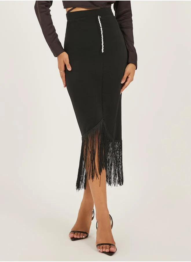 Styli Wrap Midi Skirt with Fringe Hem