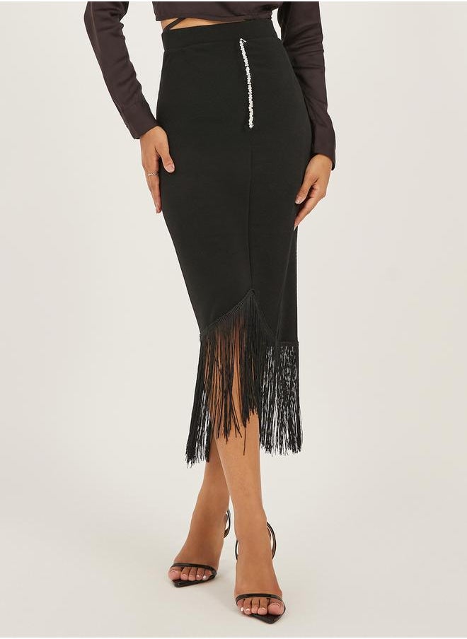 Styli Wrap Midi Skirt with Fringe Hem  - Image 2