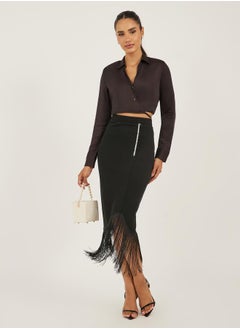 Styli Wrap Midi Skirt with Fringe Hem  - Image 1