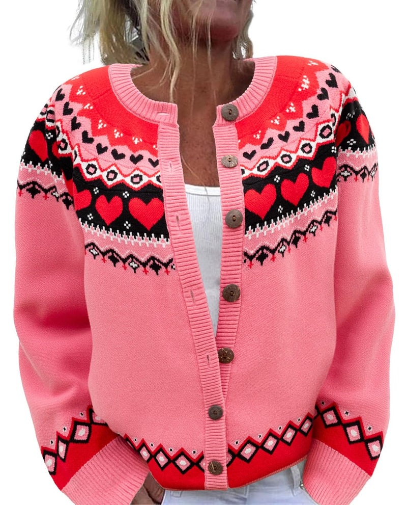 Beopjesk Women's Funny Winter Long Sleeve Valentine's Day Button Knit Cardigan Sweater Heart Vintage Knitted Outerwear (Valentine-Pink,XL) - Image 1