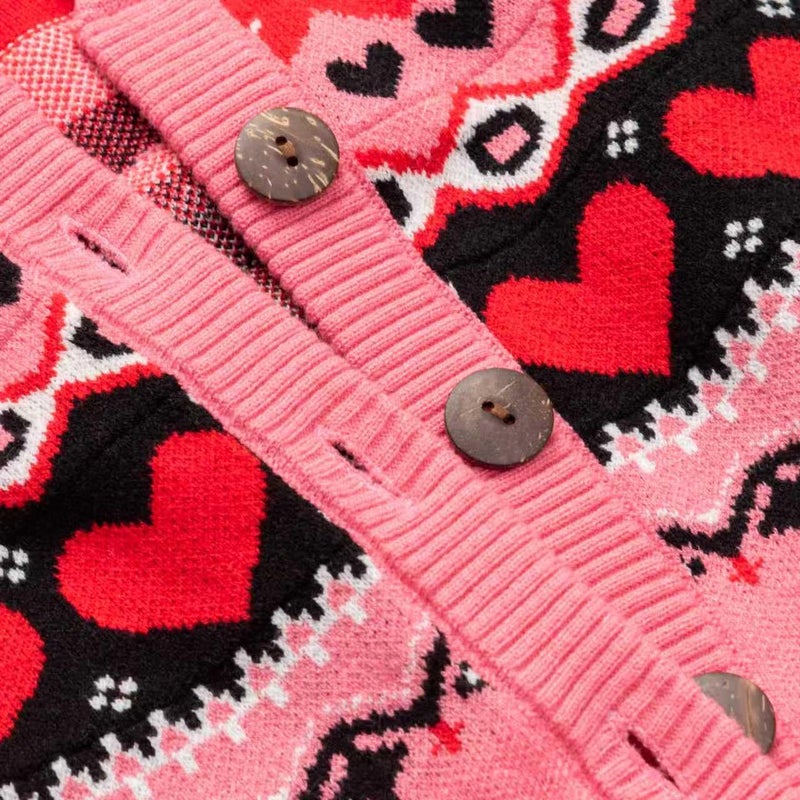 Beopjesk Women's Funny Winter Long Sleeve Valentine's Day Button Knit Cardigan Sweater Heart Vintage Knitted Outerwear (Valentine-Pink,XL) - Image 3