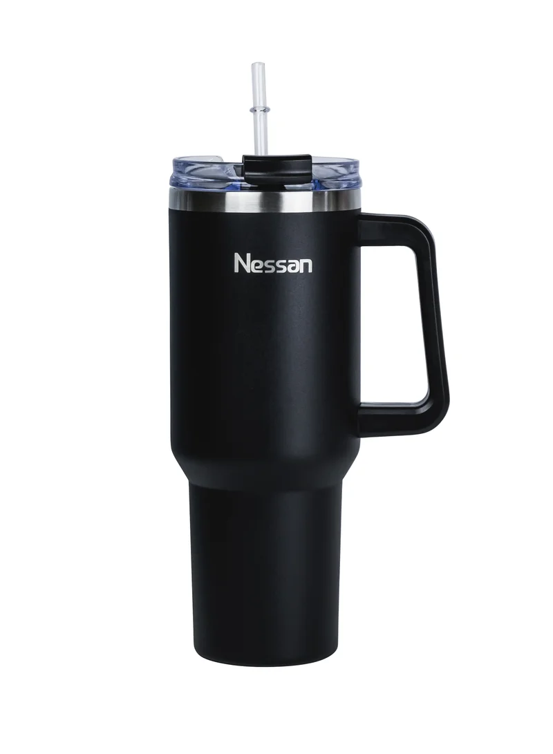 Nessan Nessan Double Wall Stainless Steel Vacuum Insulated Travel Mug Tumbler with Dual Function Lid and Straw for Water, Iced Tea or Hot Coffee, Smoothie and More (Black, 1200ml)