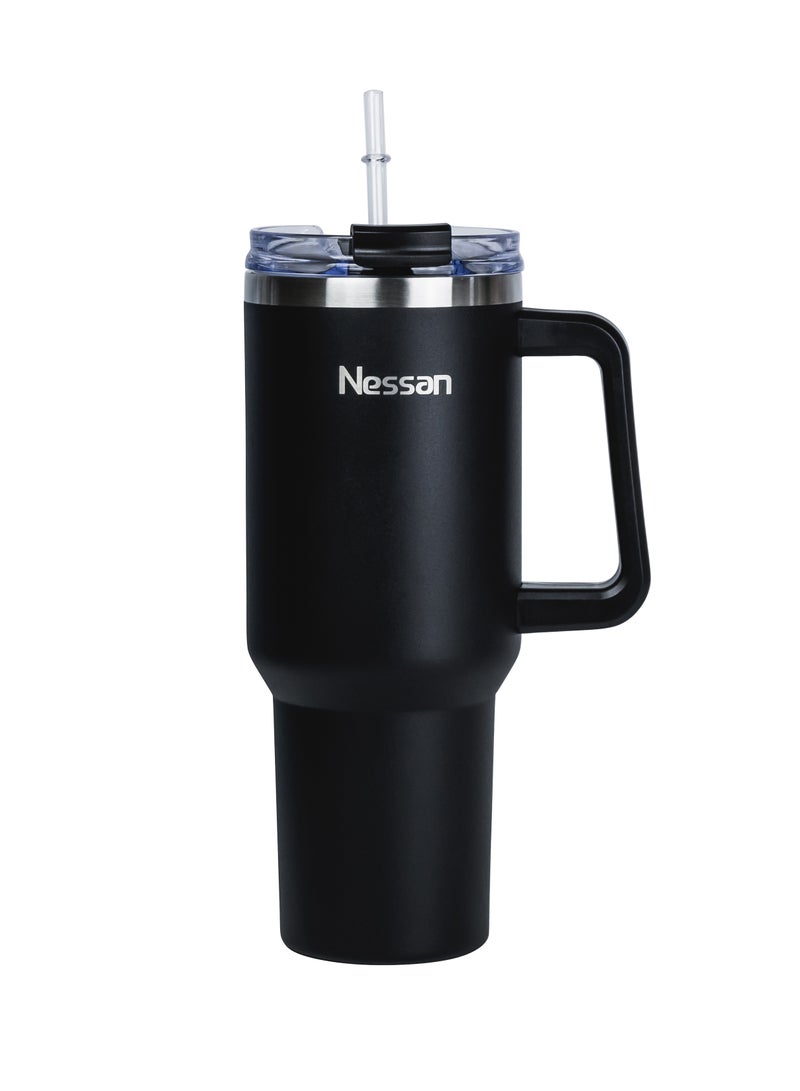 نيسان كوب سفر نسان بجدار مزدوج من الستانلس ستيل معزول بالتفريغ الهوائي بغطاء مزدوج الوظائف وماصة (أسود، 1200 مل) - Image 1
