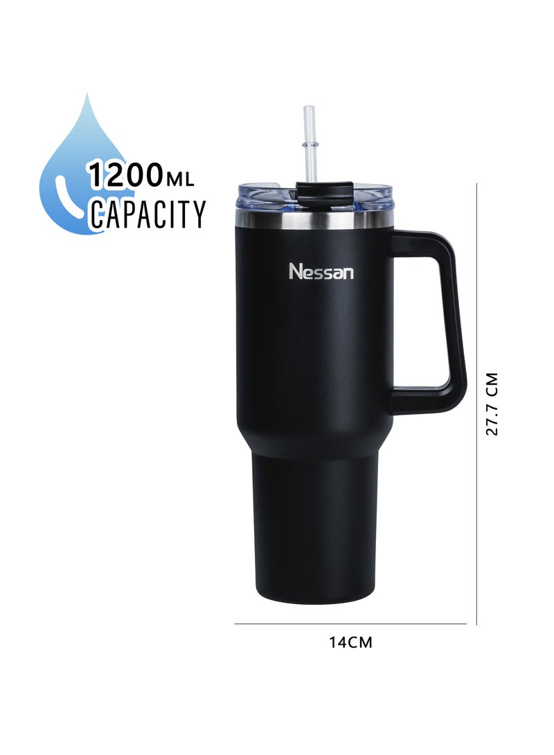 نيسان كوب سفر نسان بجدار مزدوج من الستانلس ستيل معزول بالتفريغ الهوائي بغطاء مزدوج الوظائف وماصة (أسود، 1200 مل) - Image 3