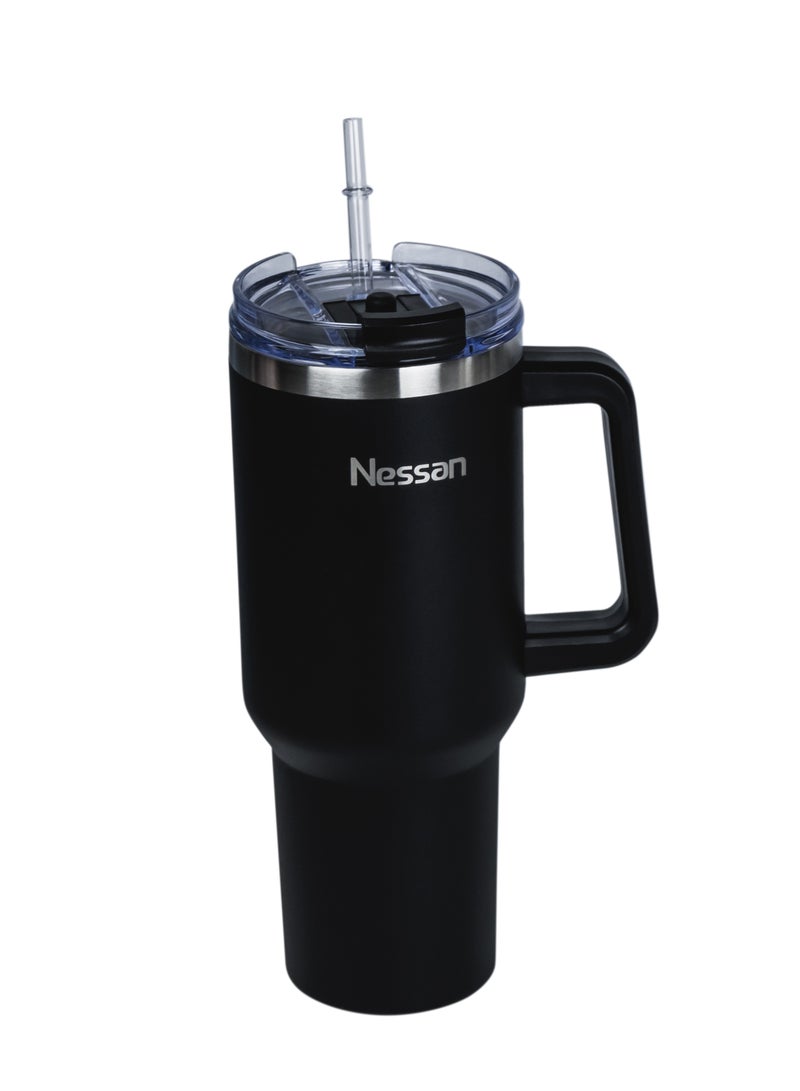 نيسان كوب سفر نسان بجدار مزدوج من الستانلس ستيل معزول بالتفريغ الهوائي بغطاء مزدوج الوظائف وماصة (أسود، 1200 مل) - Image 2
