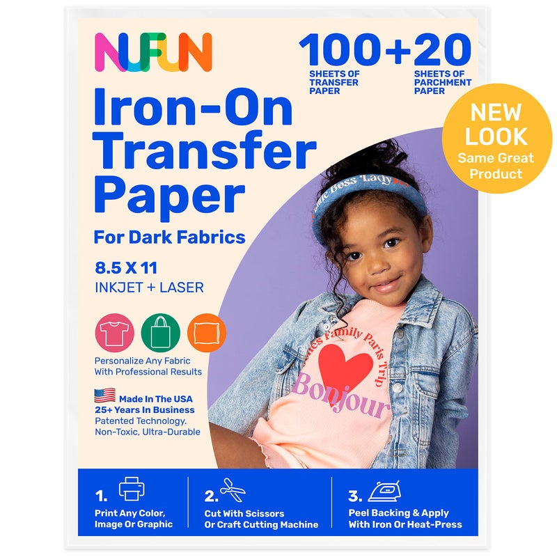 NuFun Activities NuFun Activities Printable Ironon Heat Transfer Paper for T Shirts Dark Fabrics 100 Sheets 85 x 11 inch Long Lasting Durable Professional Quality Easy DIY NonToxic Made In the USA