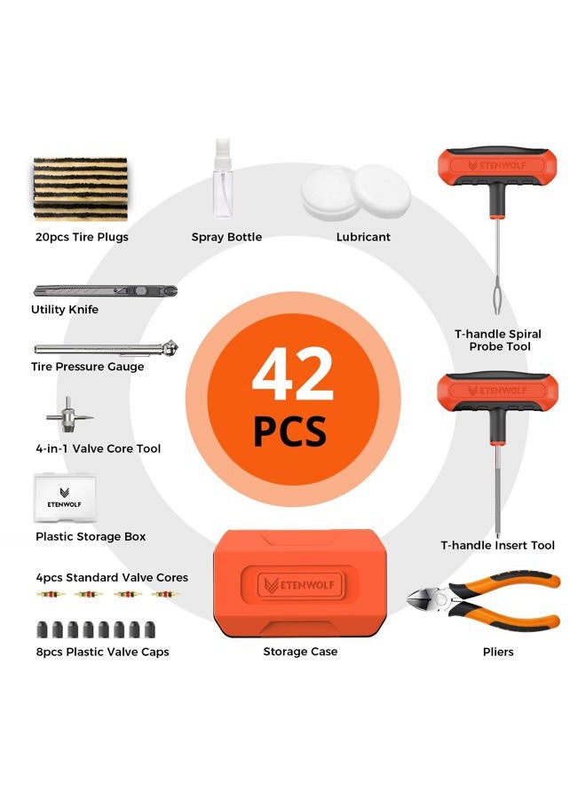 ETENWOLF Flat Tire Repair Kit with Plugs 42 Pcs, Heavy Duty Tire Plug Kit for Car, Motorcycle, ATV, Jeep, Truck, Tractor (Vivid Orange) - Image 2