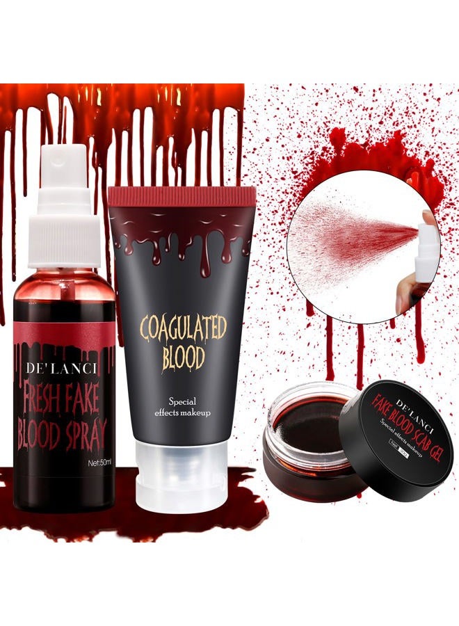BEUSELF Halloween Fake Blood Makeup Kit - Edible Fake Blood Gel 1.06oz + Fake Blood Spray 1.76oz + Coagulated Blood 1.06oz, Realistic Washable Special Effects SFX Makeup Set for Zombie Vampire Monster Cosplay  - Image 1