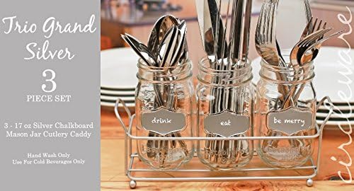 Circleware Trio Grand Mason Jar Glasses with Metal Holder Stand Set of 4 Home  Kitchen Farmhouse Decor Beverage Drink Tumblers for Water Beer and Juice 17 oz Silver - Image 5