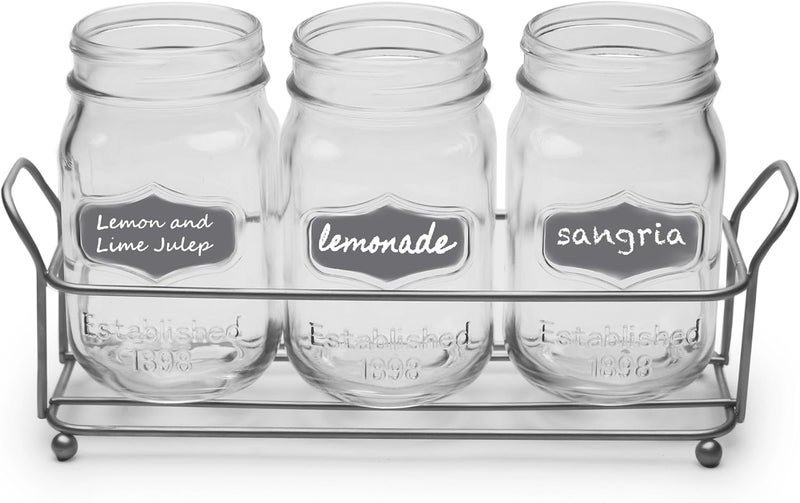 Circleware Trio Grand Mason Jar Glasses with Metal Holder Stand Set of 4 Home  Kitchen Farmhouse Decor Beverage Drink Tumblers for Water Beer and Juice 17 oz Silver - Image 1