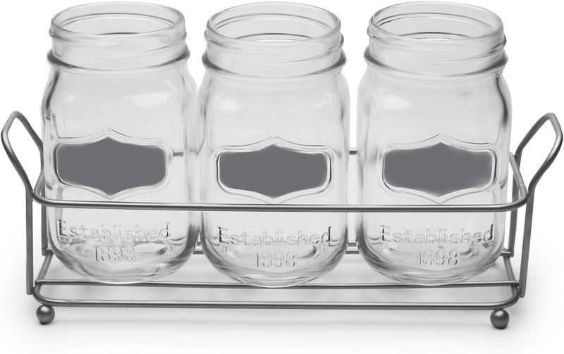 Circleware Trio Grand Mason Jar Glasses with Metal Holder Stand Set of 4 Home  Kitchen Farmhouse Decor Beverage Drink Tumblers for Water Beer and Juice 17 oz Silver - Image 2