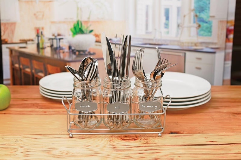 Circleware Trio Grand Mason Jar Glasses with Metal Holder Stand Set of 4 Home  Kitchen Farmhouse Decor Beverage Drink Tumblers for Water Beer and Juice 17 oz Silver - Image 4