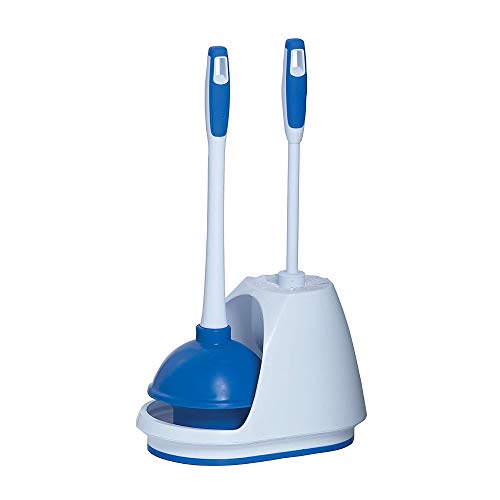 Mr Clean Mr. Clean Toilet Plunger and Bowl Brush Combo with Caddy, 3-Piece Heavy-Duty Plunger, Toilet Brush, and Caddy Set, White/Blue - Image 1
