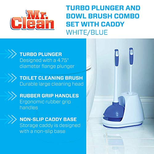 Mr Clean Mr. Clean Toilet Plunger and Bowl Brush Combo with Caddy, 3-Piece Heavy-Duty Plunger, Toilet Brush, and Caddy Set, White/Blue - Image 2
