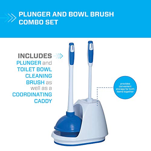 Mr Clean Mr. Clean Toilet Plunger and Bowl Brush Combo with Caddy, 3-Piece Heavy-Duty Plunger, Toilet Brush, and Caddy Set, White/Blue - Image 3