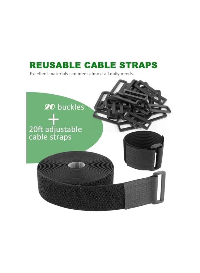 PROMASS promass Adjustable Cable Straps, 5cm×5m Wide Cable Ties with 20 Buckles, Free Cut Length, Reusable Fastening Cable Ties, Hook and Loop Securing Strap for Cable Tidy, Wire Management, Cord Organiser  - Image 3