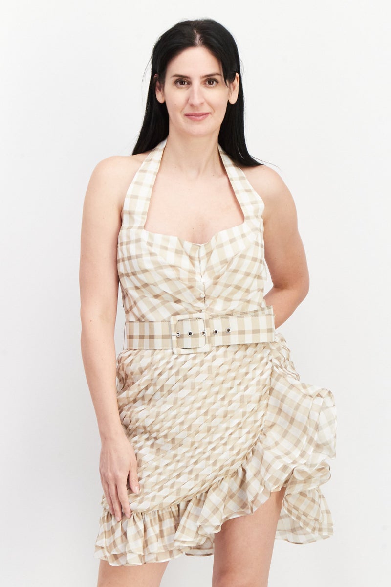 ASOS فستان حفلة قصير مزخرف بالخطوط مع حزام للنساء، بيج - Image 1