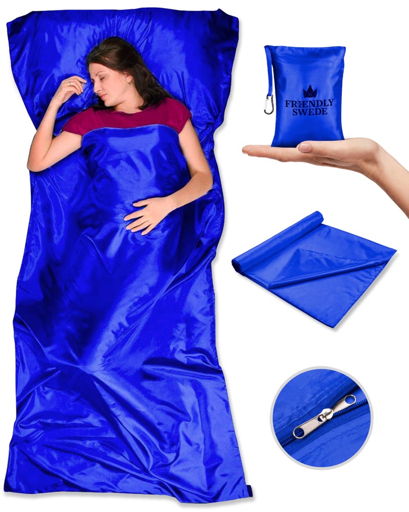 The Friendly Swede Sleeping Bag Liner Ultralight - Thin Travel Sheets for Hotel w Full Length Zipper - Silky Feel Camping Sheets & Adult Sleep Sack for Backpacking - Travel Bag - Blue (Zipper) - Image 1