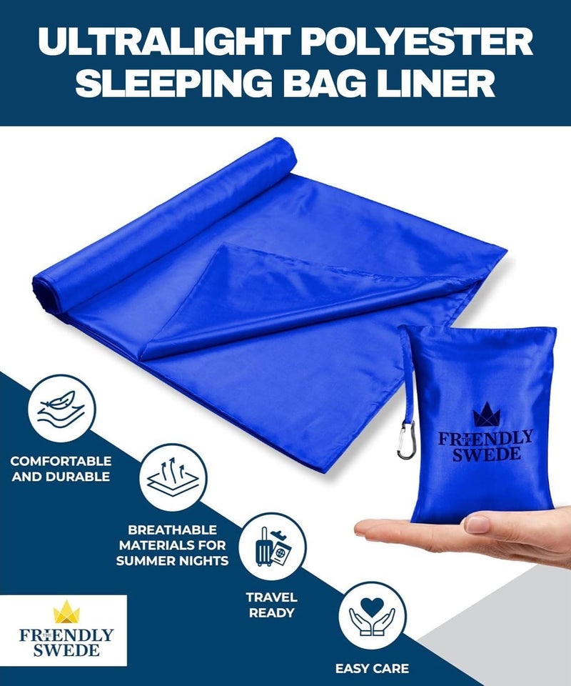 The Friendly Swede Sleeping Bag Liner Ultralight - Thin Travel Sheets for Hotel w Full Length Zipper - Silky Feel Camping Sheets & Adult Sleep Sack for Backpacking - Travel Bag - Blue (Zipper) - Image 2