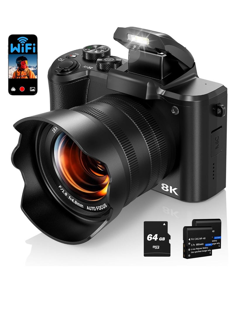 8K Digital Camera for Photography, 88MP Autofocus WiFi Vlogging Camera for YouTube Video with Front and Rear Lens, Flash, Touch Screen, Lens Hood, 64GB Card, 2 Batteries(Black) - Image 1