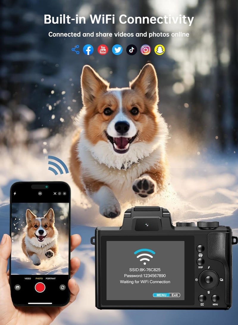 8K Digital Camera for Photography, 88MP Autofocus WiFi Vlogging Camera for YouTube Video with Front and Rear Lens, Flash, Touch Screen, Lens Hood, 64GB Card, 2 Batteries(Black) - Image 5