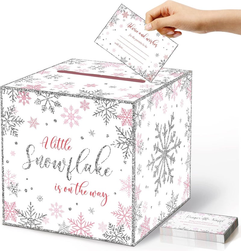 Fumete 51 Pcs Winter Wonderland Snowflake Diaper Raffle Card Box with Diaper Raffle Tickets, Little Snowflake Is on The Way, for Christmas Baby Shower Game Gender Reveal Party Decoration Supply Prize - Image 1