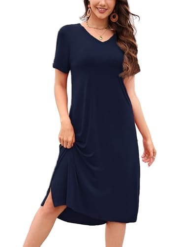 VOBCTY Summer Leisure Tshirt Dress Casual Short Sleeve V Neck Side Split Dresses Navy X-Large - Image 1