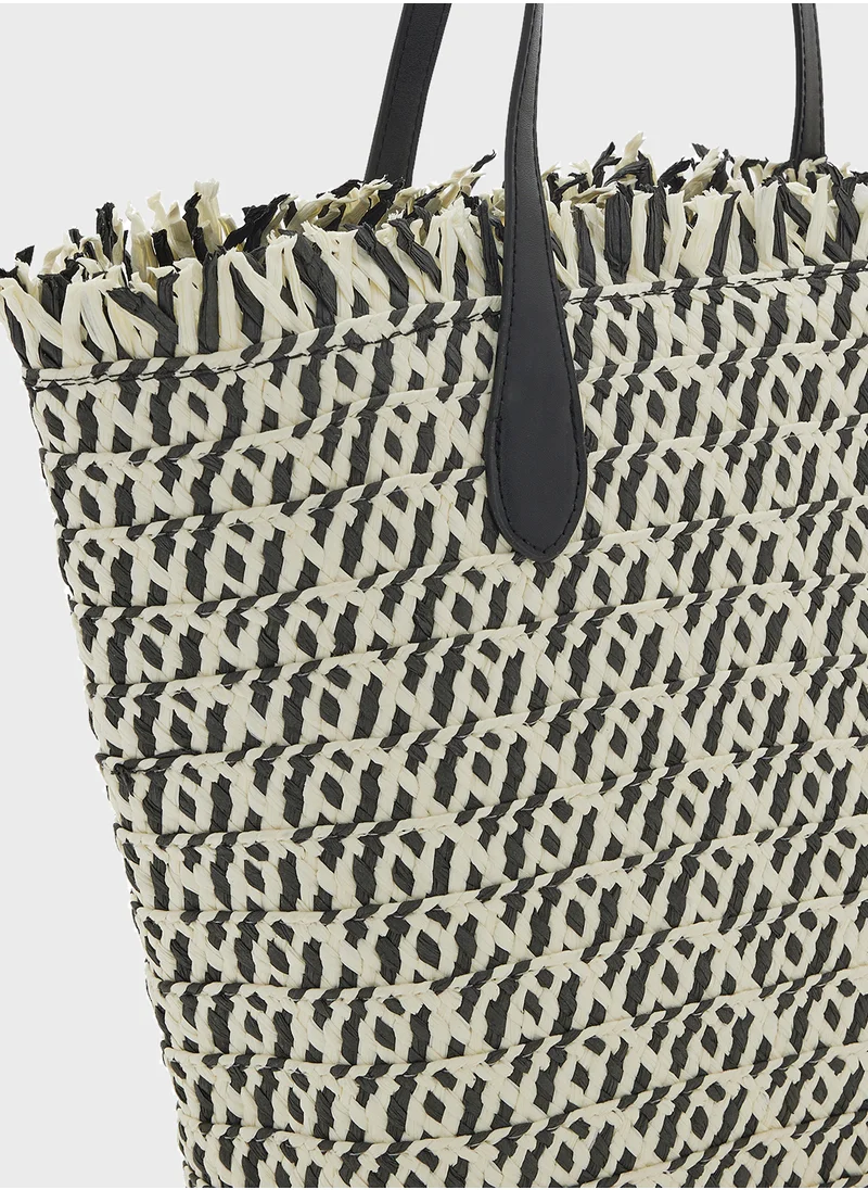 ايلا Woven Frayed Edge Raffia Tote Bag