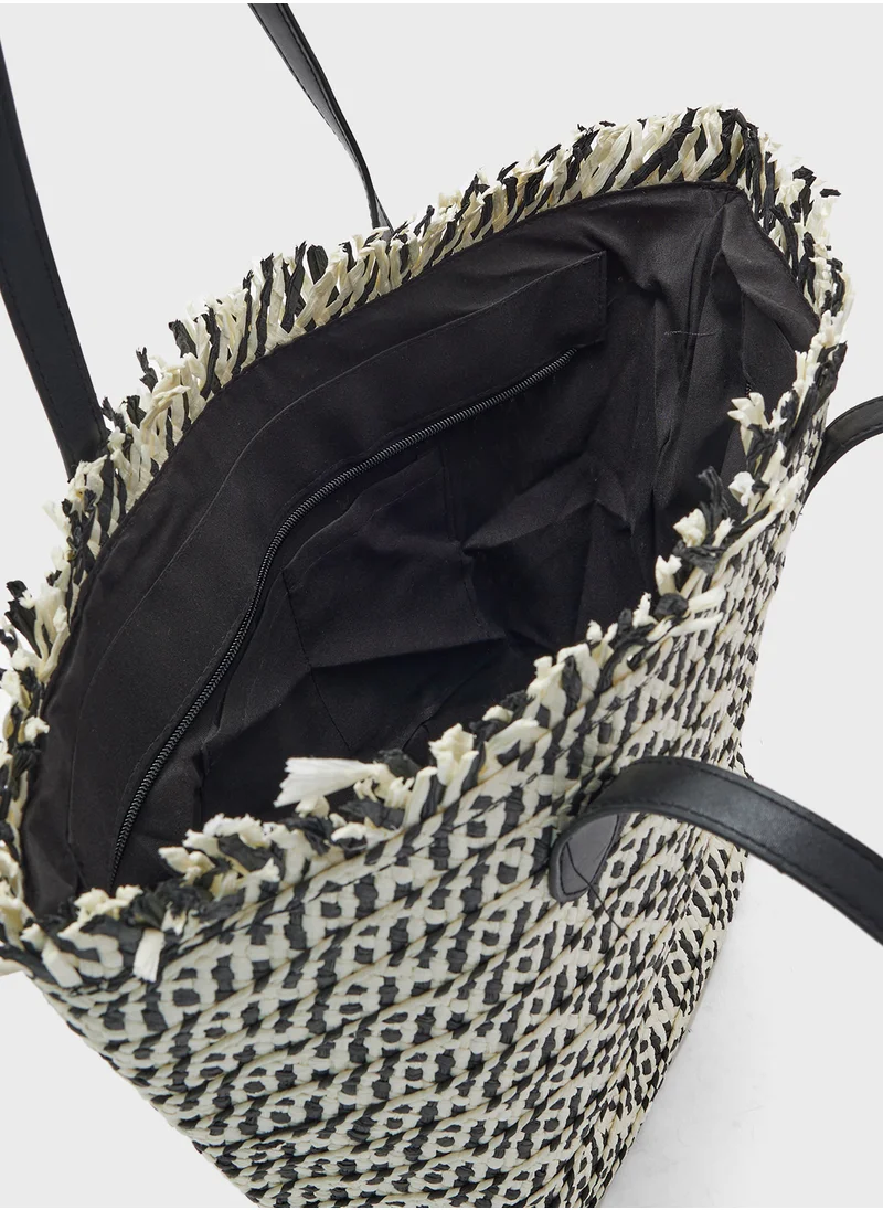 ايلا Woven Frayed Edge Raffia Tote Bag