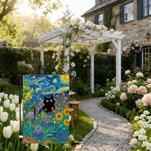 Baccessor Spring Summer Black Cat Garden Flag Double Sided 12.5 x 18 Inch Burlap with Clip and Stopper,Starry Night Flowers Flag Yard Lawn Seasonal Farmhouse Outside Outdoor Decoration - Image 3