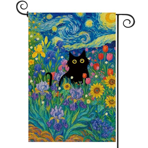 Baccessor Spring Summer Black Cat Garden Flag Double Sided 12.5 x 18 Inch Burlap with Clip and Stopper,Starry Night Flowers Flag Yard Lawn Seasonal Farmhouse Outside Outdoor Decoration - Image 1