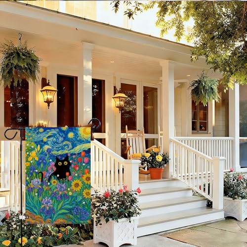 Baccessor Spring Summer Black Cat Garden Flag Double Sided 12.5 x 18 Inch Burlap with Clip and Stopper,Starry Night Flowers Flag Yard Lawn Seasonal Farmhouse Outside Outdoor Decoration - Image 4