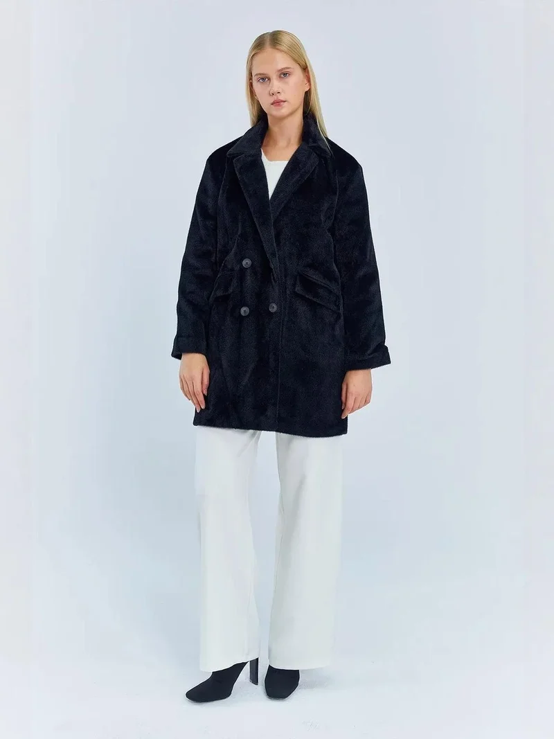 MixRay Black MIXRAY Thick Plush Buttoned Midi Coat with Jacket Collar for Women | Best Price UAE