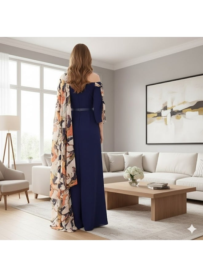 FULL JOY Off-Shoulder Dress with Floral Chiffon,Belt For Beauty and Elegance; Fashionable Dress,Evening dress - Image 3