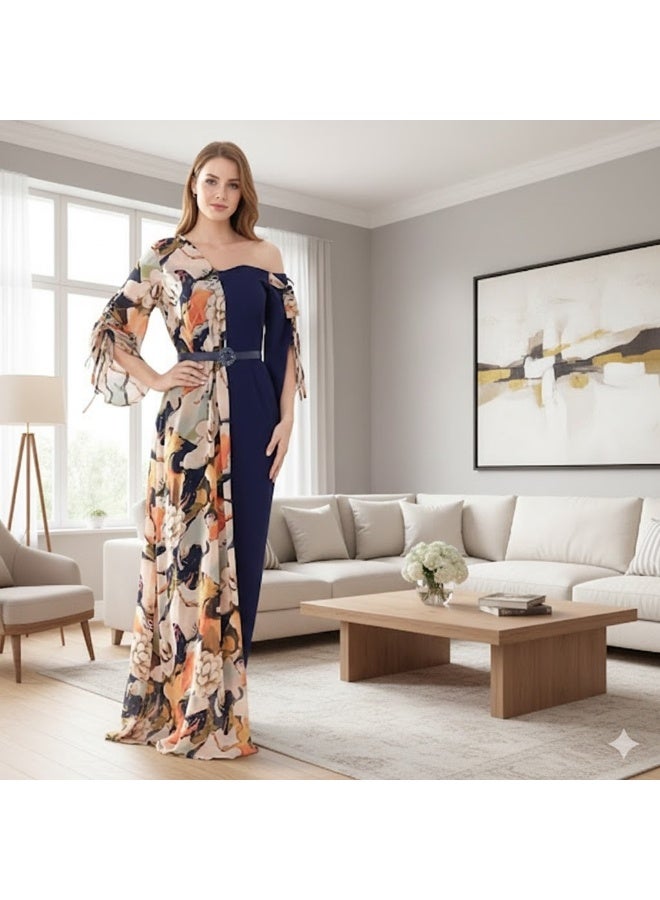 FULL JOY Off-Shoulder Dress with Floral Chiffon,Belt For Beauty and Elegance; Fashionable Dress,Evening dress - Image 1