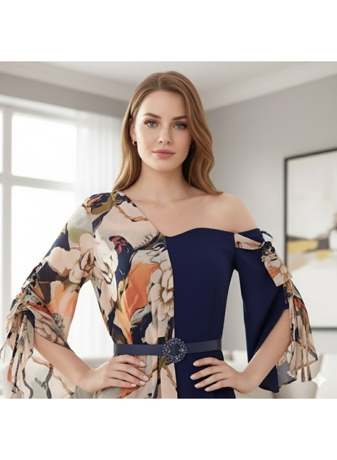 FULL JOY Off-Shoulder Dress with Floral Chiffon,Belt For Beauty and Elegance; Fashionable Dress,Evening dress - Image 4