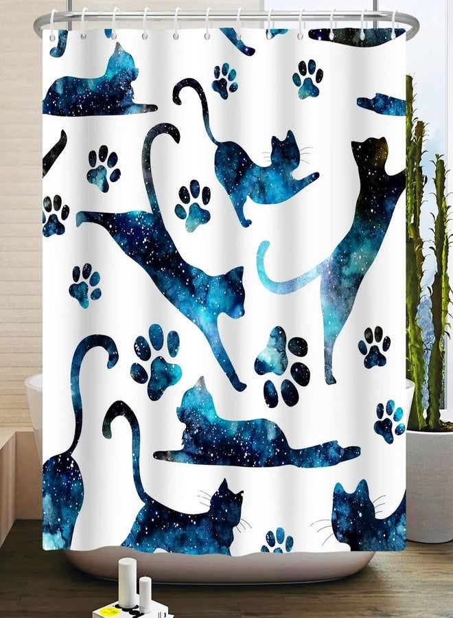 IcosaMro Cats Shower Curtain for Bathroom with 12 Hooks Starry Night Cloth Bath Decor Long Fabric Waterproof, 71x72 Inches, Space Blue - Image 1