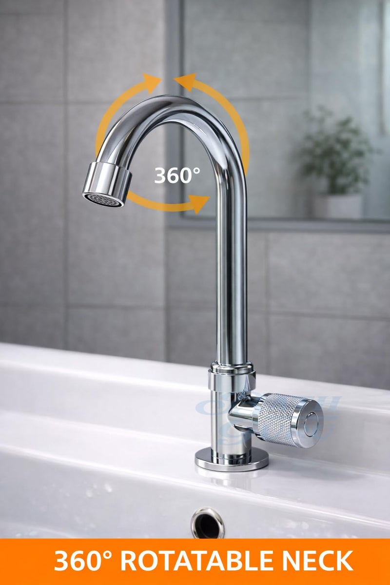 BATH GURU (swis'x) Swan Neck Pillar Tap for Wash Basin | Deck Mounted Faucet | 360° Rotatable Spout | Heavy Zinc Body with Plastic Handle | Chrome Finish Basin Tap | Lightweight Faucet - Image 4