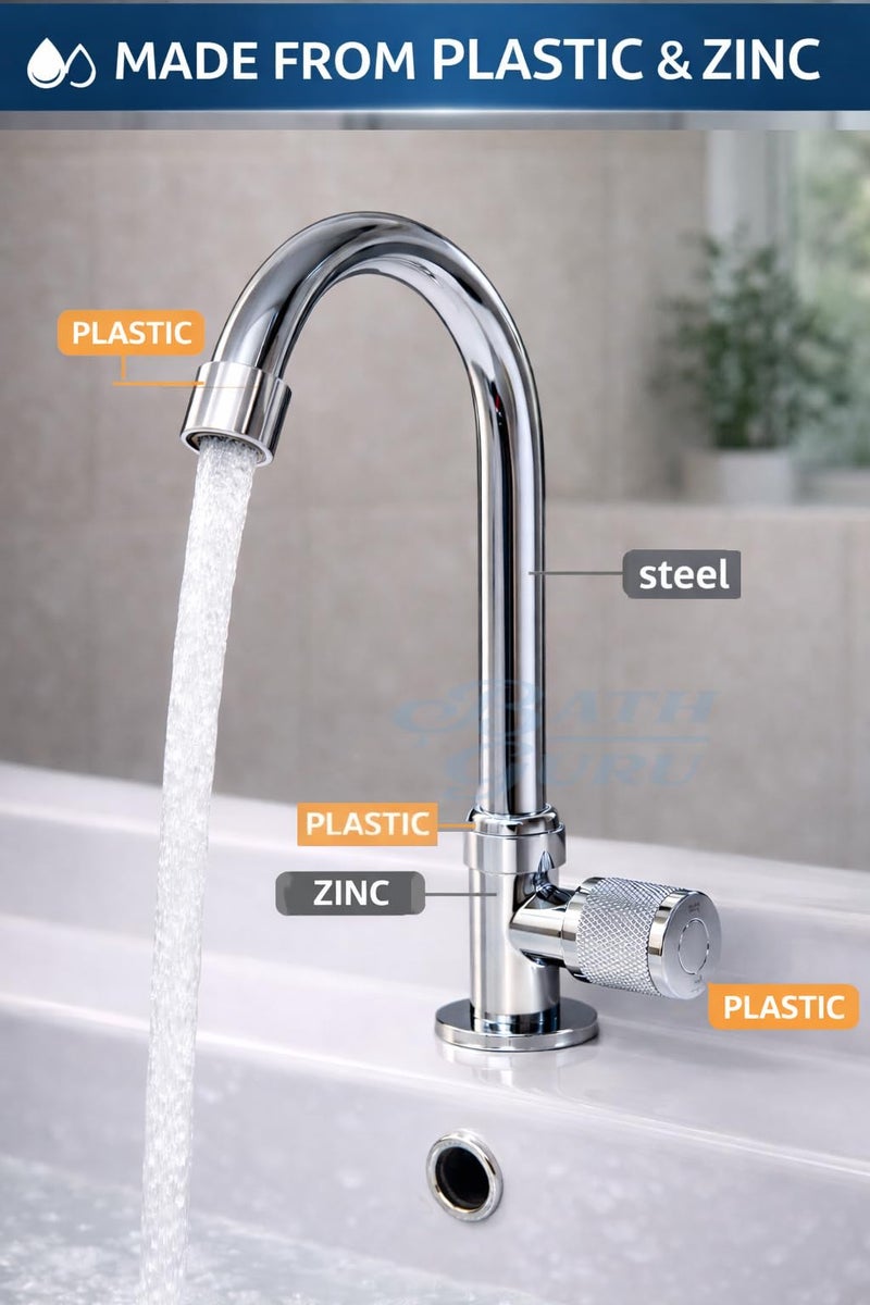BATH GURU (swis'x) Swan Neck Pillar Tap for Wash Basin | Deck Mounted Faucet | 360° Rotatable Spout | Heavy Zinc Body with Plastic Handle | Chrome Finish Basin Tap | Lightweight Faucet - Image 3