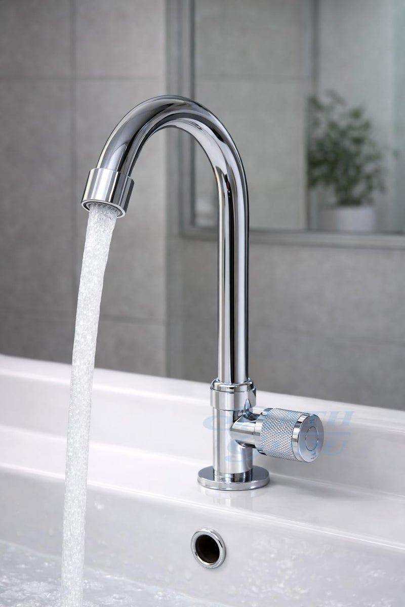 BATH GURU (swis'x) Swan Neck Pillar Tap for Wash Basin | Deck Mounted Faucet | 360° Rotatable Spout | Heavy Zinc Body with Plastic Handle | Chrome Finish Basin Tap | Lightweight Faucet - Image 2