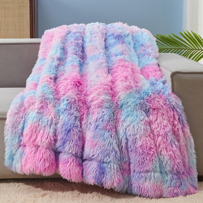 FUZZY FAUX FUR THROW BLANKET PURPLE RAINBOW SUPER SOFT COZY PLUSH FUZZY SHAGGY BLANKET FOR COUCH SOFA BED PURPLE RAINBOW THROW50X60