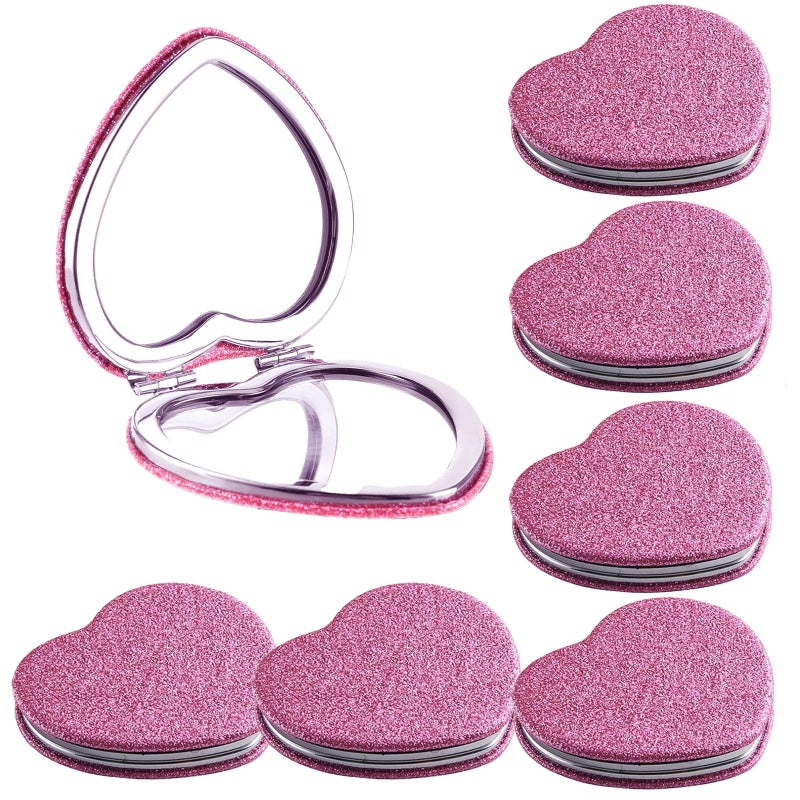 Frinnovan 6 Pack Sparkly Pokect Heart Mirror Travel Compact Magnifying Folding Mirror for Purse Mini Vanity Cosmetic Lashes Makeup Double-Sided Cute Glitter Pink - Image 1