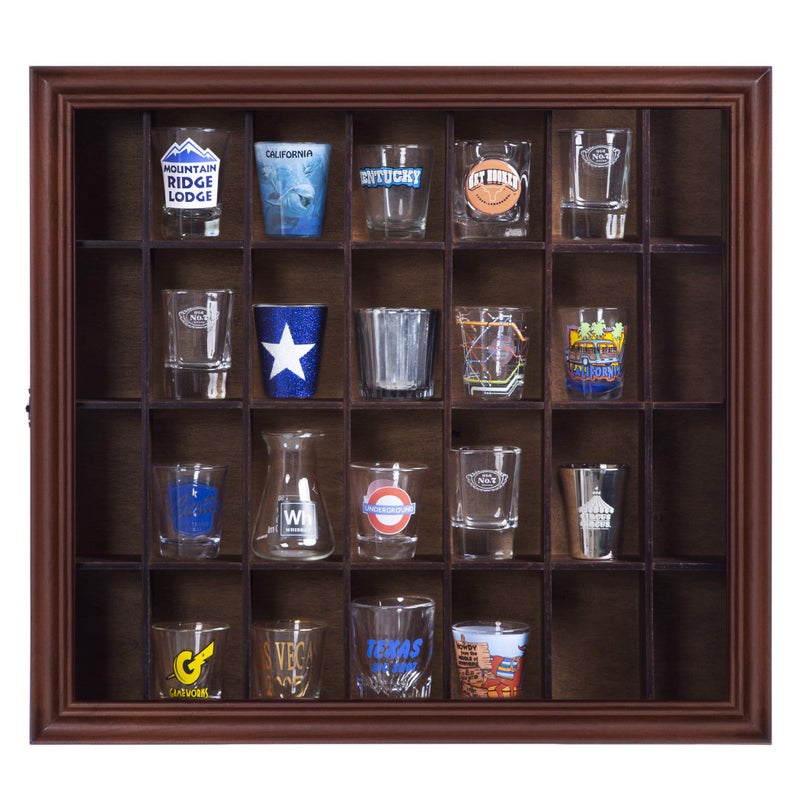 Gallery Solutions Gallery Solutions  18x16 Shot Glass Collection  Display Case  Hinged Front  Shot Glass Collection  Cherry Walnut  28 Shot Glasses  Bar Home Office Accessories  Organizer  Glass Rack 
