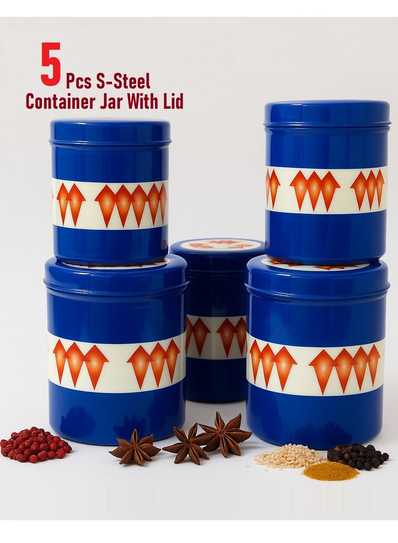 Royal 5 Pcs Stainless Steel Container With Lid Multicolor Spices Sugar Coffee Canister 24cm - 22cm - 20cm - 18cm - 16cm - Image 1