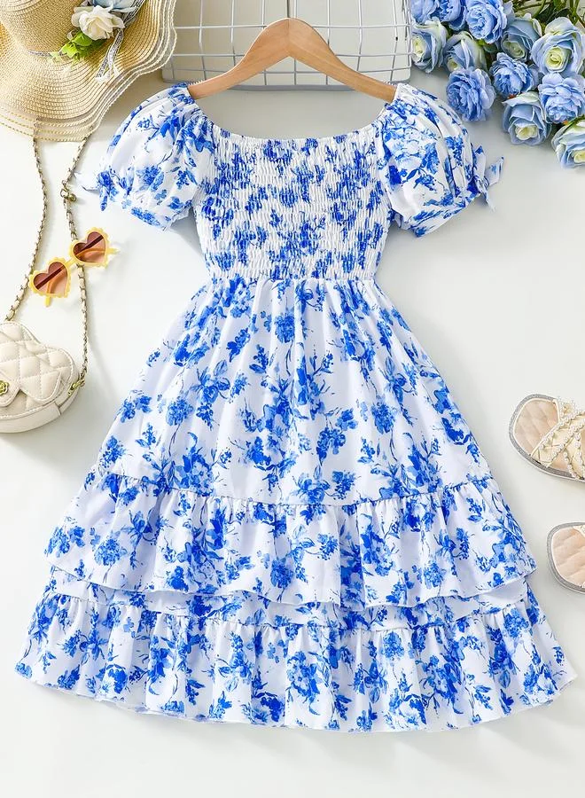 تايك تو Take Two Floral Print Puff Sleeve Dress with Bow Detail