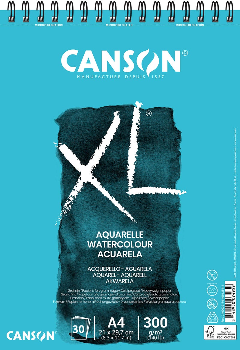 CANSON XL Watercolour 300gsm A4 Paper, Cold Pressed, Spiral Pad Short Side, 30 White Sheets, Ideal for Professional Artists - Image 1